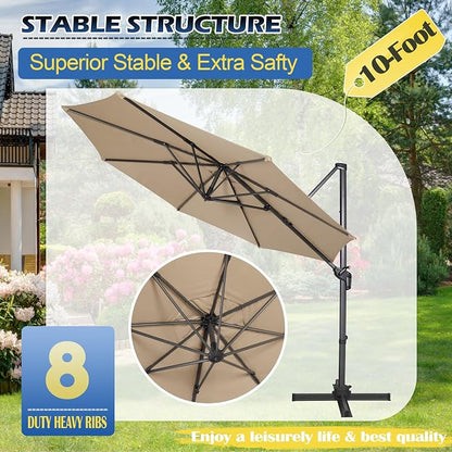Sunnyglade 10Ft Cantilever Patio Umbrella, 360° Rotation & Integrated Tilting System Offset Umbrella with 8 Sturdy Ribs, Fade-resistant & Waterproof for Garden Backyard Poolside Deck