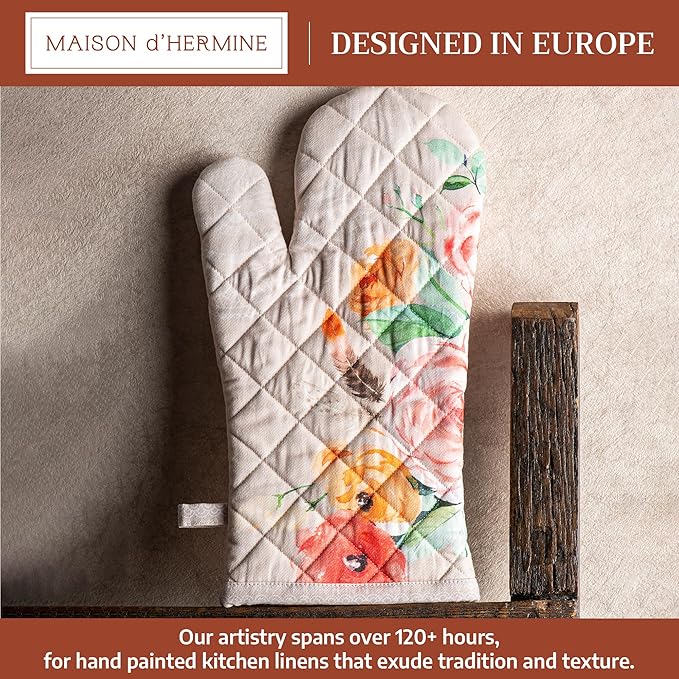 Maison d'Hermine Oven Gloves 100% Cotton Oven Mitt 7" x 13" with Loop Heat Resistant BBQ Cooking Gloves Baking Grilling Kitchen Hotel Home Farmhouse Spring Summer (Pack of 1, Ibiza - Beige)
