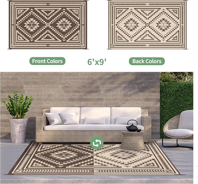 GENIMO Outdoor Rug, Waterproof Plastic Rugs for Patio, 6'x9' Light Beige | Outside Larger Modern Carpet Mat for Porch Decor, Deck, Balcony, Camping, RV, Backyard, Picnic, Beach, Reversible, Foldable