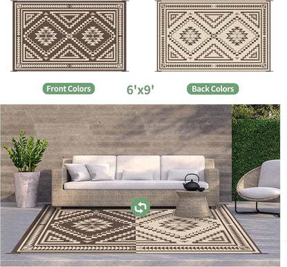 GENIMO Outdoor Rug, Waterproof Plastic Rugs for Patio, 6'x9' Light Beige | Outside Larger Modern Carpet Mat for Porch Decor, Deck, Balcony, Camping, RV, Backyard, Picnic, Beach, Reversible, Foldable