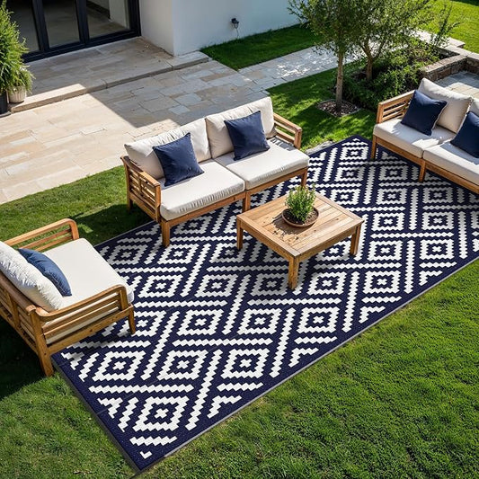 GENIMO Outdoor Rug, Waterproof Plastic Rugs 9'x18' for Camping Blue White | Outside Larger Modern Carpet Mat for Patio Decor, RV, Porch, Camper, Deck, Picnic, Beach, Backyard, Reversible, Foldable
