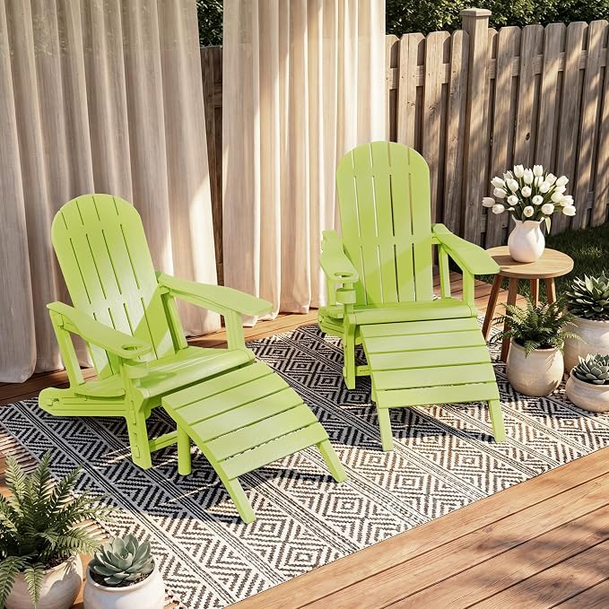 Shintenchi Adirondack Chair Set of 2,HDPE Adirondack Chairs with Umbrella Hole Connecting Tray & 2 Curved Ottoman,Plastic Outdoor Chairs with Cup Holders for Garden Backyard Pool,Green