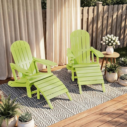 Shintenchi Adirondack Chair Set of 2,HDPE Adirondack Chairs with Umbrella Hole Connecting Tray & 2 Curved Ottoman,Plastic Outdoor Chairs with Cup Holders for Garden Backyard Pool,Green