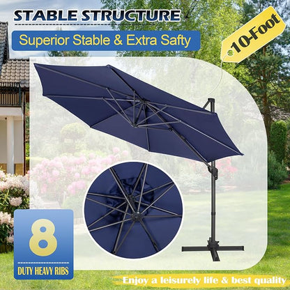 Sunnyglade 10Ft Cantilever Patio Umbrella, 360° Rotation & Integrated Tilting System Offset Umbrella with 8 Sturdy Ribs, Fade-resistant & Waterproof for Garden Backyard Poolside Deck