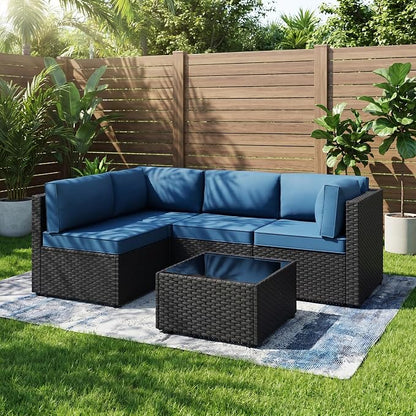 SUNLEI 5 Piece Patio Furniture Sets, Low Back All-Weather Rattan Sectional Sofa with Tea Table&Washable Couch Cushions, Patio Furniture Sets, Black Rattan (Aegean Blue)
