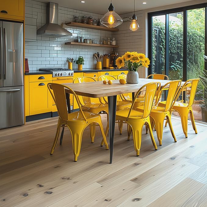 AC Pacific 18 Inch Seat Height Industrial Metal Dining Chairs, Stackable Kitchen or Bar Seat, Durable Modern Design, Versatile Accent Furniture, Set of 2, Yellow