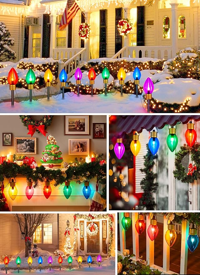 Brightown 4 Pack Jumbo C9 Christmas Pathway Lights Outdoor Decorations Lawn with Stakes,Total 34Ft 20 LED String Lights Covered Jumbo Multicolored Walkway Light Bulb for Holiday Outside Yard Decor