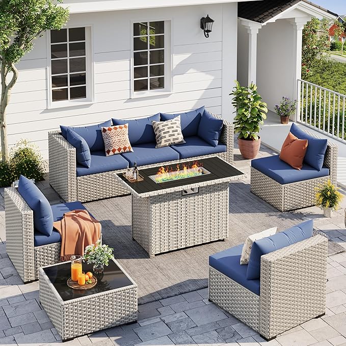 UDPATIO Patio Furniture Set with Fire Pit Table, 8 Pcs Outdoor Sectional Sofa, PE Wicker Patio Conversation Set for Garden, Backyard (Blue Cushions with Light Grey Rattan)