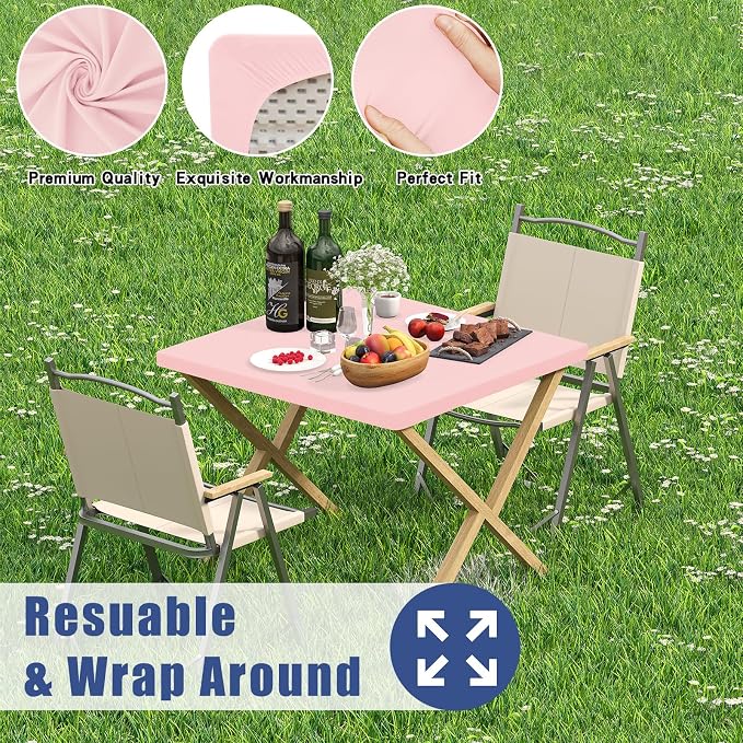 Moosfor 2 Pack Square Spandex Fitted Table Cloth, Elastic Tablecloth | Washable Picnic Table Cover, Stretch Waterproof Table cloths for Party, Patio, Dining, Kitchen, 34" x 34", Pink