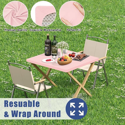 Moosfor 2 Pack Square Spandex Fitted Table Cloth, Elastic Tablecloth | Washable Picnic Table Cover, Stretch Waterproof Table cloths for Party, Patio, Dining, Kitchen, 34" x 34", Pink