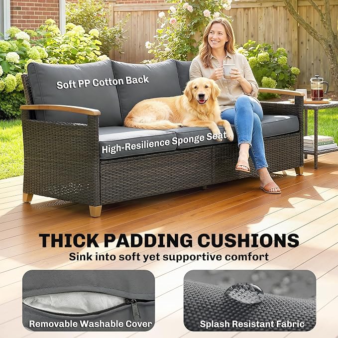 Outsunny 3 Seater Outdoor Couch Sofa, PE Wicker Patio Couch with Wide Deep Seating, 4" Foam Cushions, Wood-Effect Armrests and Legs, Patio Sofa Furniture for Garden, Backyard, Porch, Gray