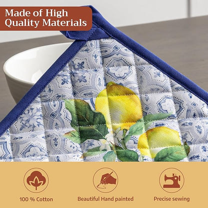 Maison d' Hermine Pot Holders 100% Cotton Heat Resistant Potholders 8" x 8" Hot Pads with Loop BBQ Cooking Baking Hotel Farmhouse Kitchen Handling Hot Pans Spring Summer (Pack of 2, Citrus)