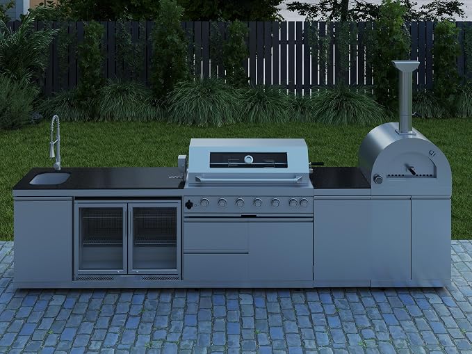 147-Inch Stainless Steel Outdoor Kitchen Island,Propane BBQ Grill with Pizza Oven,Rotisserie,Double Door Refrigerator, Granite Countertop, Storage Cabinets & Drawers 120,000 BTU.