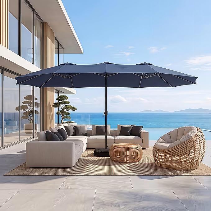 15ft Patio Umbrella with Base, 10-Year-No-Fade Large Outdoor Double-Sided Market Umbrella with UPF50+Terylene Polyester Fabric and Crank for Poolside Garden Deck Backyard Beach Pools