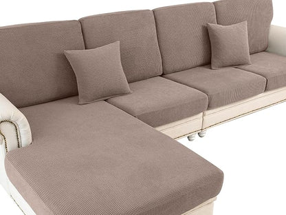 LA MEACK Couch Cushion Covers for Sectional Sofa L Shape Washable Separate Seat Chaise Couch Cover Stretch Sofa Slipcovers with 2 Pcs Pillowcases(3 Seater + 1 Chaise, Khaki)