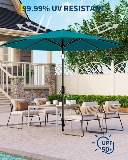 GarveeLife 10 ft Patio Umbrella with Solar Lights, 8 Ribs Outdoor Market Table Umbrella with 40 LED Lights & Tilt Crank for Pool, Deck, Backyard (Turquoise)