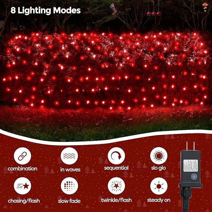 WBao Christmas Net Lights, 360LED 11.5ft x 6.9ft Christmas Lights with 8 Modes, Timer, End to End Connectable, Waterproof Design for Lawn, Bushes, Trees Outdoor Xmas Decorations, Red