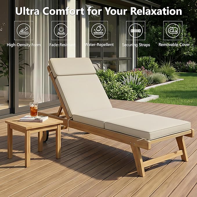 72 x 21 Inch Outdoor Chaise Lounge Cushion - Removable Cover, 4-Section Design, Water-Repellent & Fade-Resistant, 6 Tie Straps, Replacement for Patio & Pool Chairs - Cream