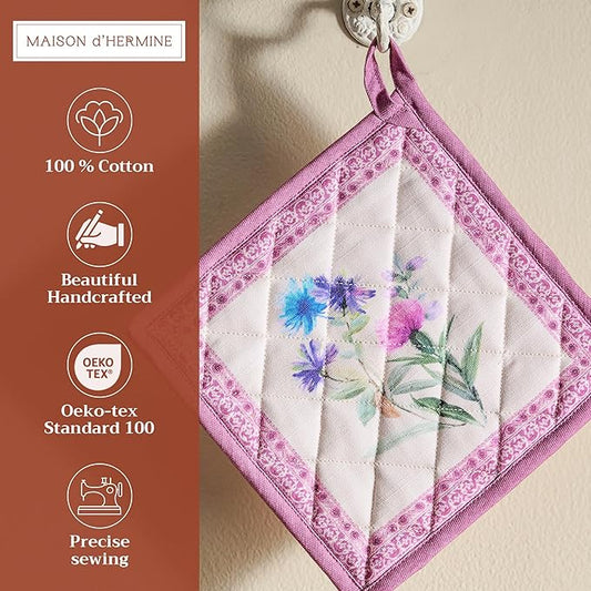 Maison d' Hermine Pot Holders 100% Cotton Heat Resistant Potholders 8" x 8" Hot Pads with Loop BBQ Cooking Baking Hotel Farmhouse Kitchen Handling Hot Pans Spring Summer (Pack of 1, Chardon)