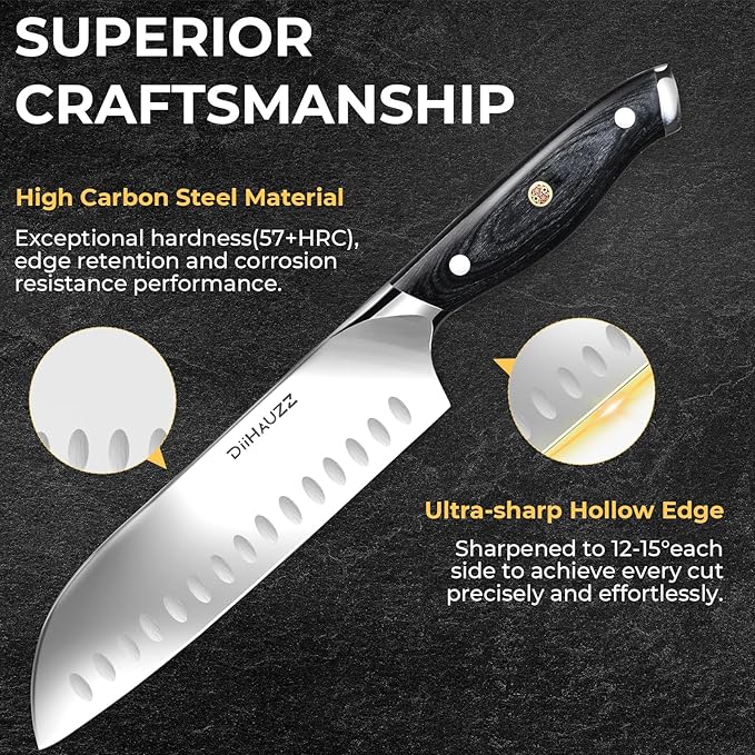 DiiHAUZZ Chef Knife, 7 Inch Ultra Sharp Japanese Santoku Knife, High Carbon Steel Forged Professional Kitchen Knife with Full Tang Triple-Riveted Ergonomic Handle for Slicing, Chopping, Dicing