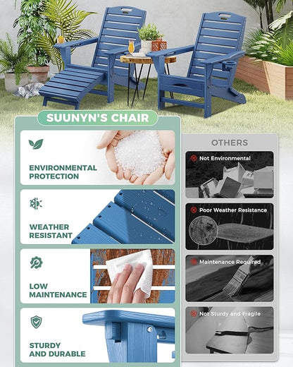 Adjustable Adirondack Chairs Set of 6 with Retractable Ottoman, HDPE Folding Adirondack Chair with Cup Holders, Weather Resistant for Backyard, Poolside & Fire Pit(Navy Blue)