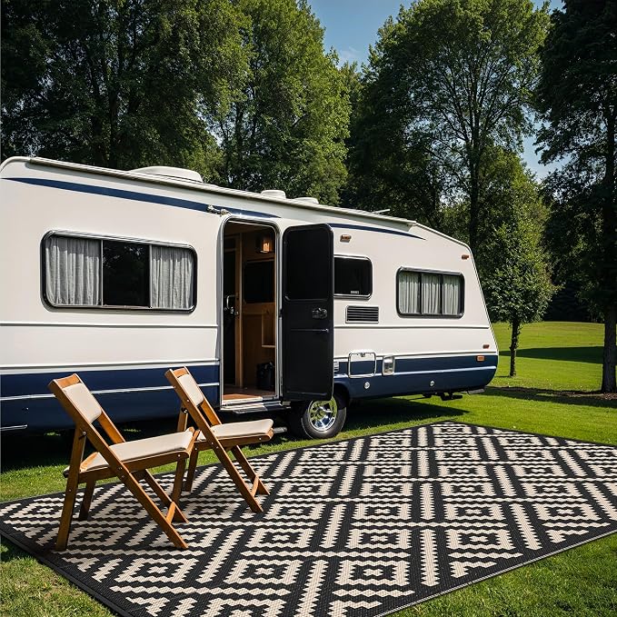 GENIMO Outdoor Rug, Waterproof Plastic Rugs 9'x18' for Camping Black Beige | Outside Larger Modern Carpet Mat for Patio Decor, RV, Porch, Camper, Deck, Picnic, Beach, Backyard, Reversible, Foldable