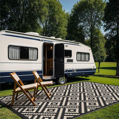 GENIMO Outdoor Rug, Waterproof Plastic Rugs 9'x18' for Camping Black Beige | Outside Larger Modern Carpet Mat for Patio Decor, RV, Porch, Camper, Deck, Picnic, Beach, Backyard, Reversible, Foldable