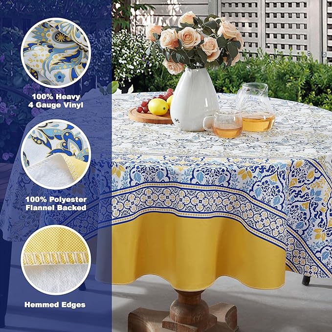 Home Bargains Plus Round Vinyl Tablecloth with Flannel Backing, 70 Inch, Alluring French Country, Yellow and Blue Floral Vinyl Table Cover, Heavy Weight for Dining Party and Barbecues