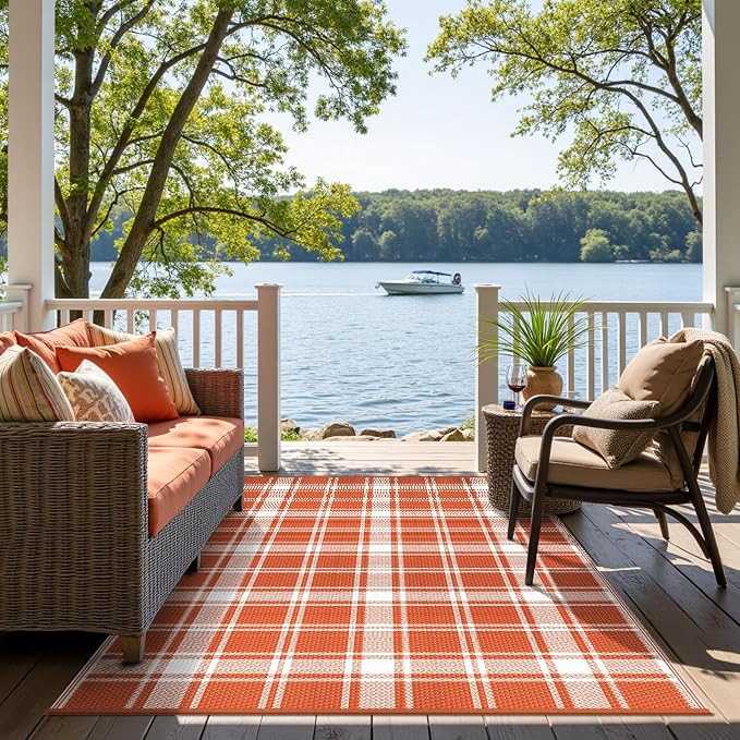 GENIMO Outdoor Rug, Waterproof Plastic Rugs for Patio, 6'x9' Orange Plaid | Outside Larger Modern Carpet Mat for Porch Decor, Deck, Balcony, Camping, RV, Backyard, Picnic, Beach, Reversible, Foldable