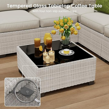 9 Piece Outdoor Patio Furniture Set with 28'' Fire Pit Table, Outdoor Sectional Furniture, Rattan & Wicker Modern Modular Conversation Set Sofa Couch W/Water Resistant Washable Thick Cushions, Beige