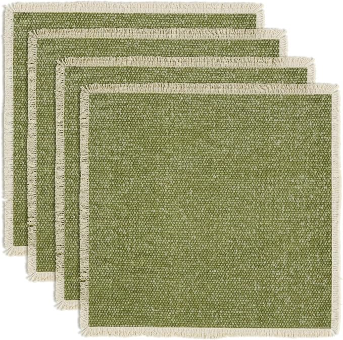 Hausattire Cotton Frayed Placemats Set of 4 Dining Table 14x14 Inch | Rustic Vintage Boho Washable Spring Easter Placemat for Outdoor Parties BBQ's Wedding, Holiday Nubby Cotton - Green