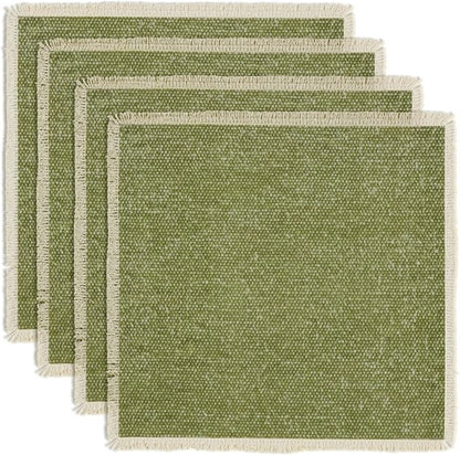 Hausattire Cotton Frayed Placemats Set of 4 Dining Table 14x14 Inch | Rustic Vintage Boho Washable Spring Easter Placemat for Outdoor Parties BBQ's Wedding, Holiday Nubby Cotton - Green