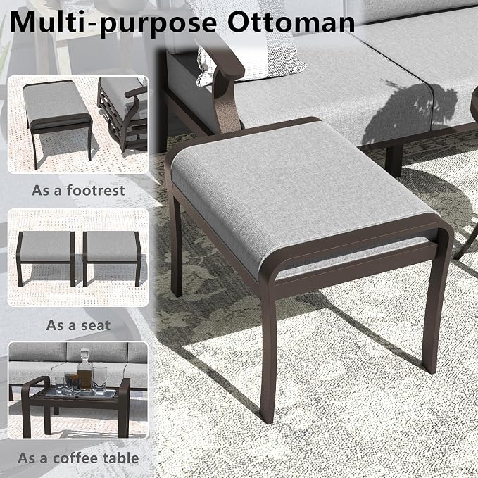 ALAULM Aluminum Patio Furniture Set with Coffee Table Rectangular, 9-seat Outdoor Sectional Furniture w/Swivel Chairs and 2 Ottomans, Patio Conversation Set for Porch, Backyard, Poolside-Grey