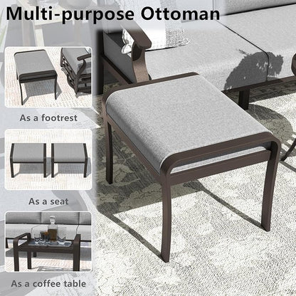 ALAULM Aluminum Patio Furniture Set with Coffee Table Rectangular, 9-seat Outdoor Sectional Furniture w/Swivel Chairs and 2 Ottomans, Patio Conversation Set for Porch, Backyard, Poolside-Grey