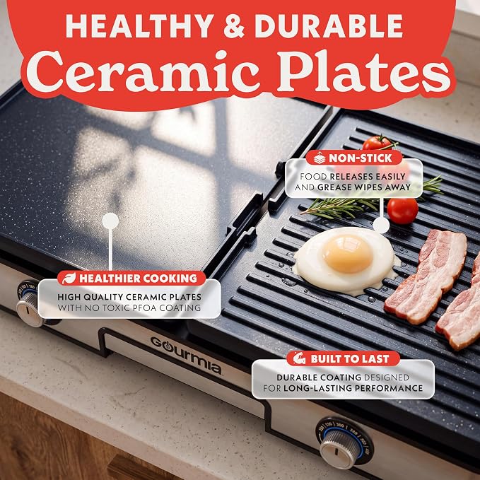 Gourmia 3-in-1 Indoor Grill & Griddle Electric Combo – Dual Independent Cooking Zones, Reversible Nonstick Ceramic Plates, XL Cooking Surface, 250–400°F Adjustable Temp, Dishwasher Safe