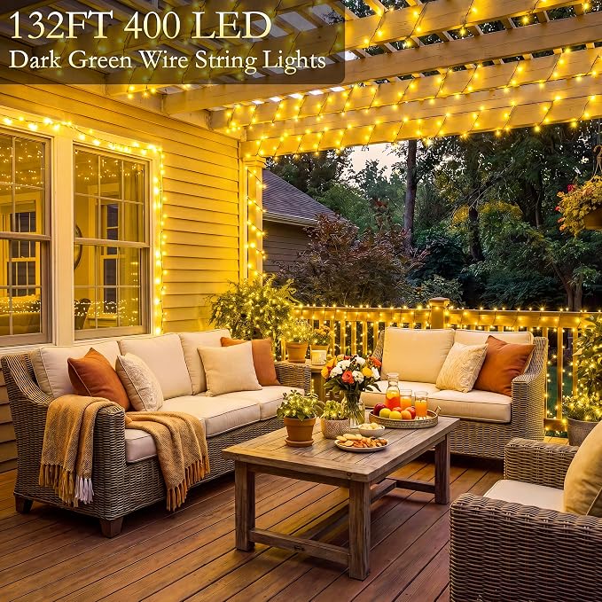132FT 400 LED Warm White Fairy Lights, Dark Green Wire 8 Modes Timer, IP44 Waterproof Outdoor Indoor String Lights for Patio Garden Backyard Bedroom Classroom Weeding Christmas Decor