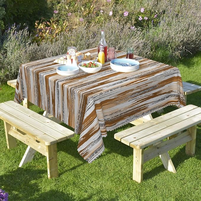 Abstract Striped Square Tablecloth 60x60 Inch Brown and White Old Texture Grunge Stripes Vintage Mosaic Dust-Proof Table Cover Protector for Home Kitchen Restaurant Picnic Camping BBQ