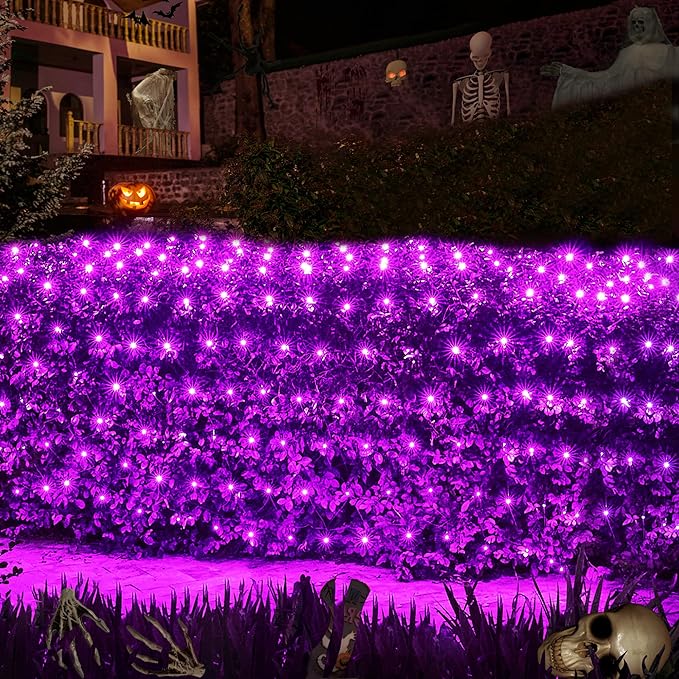 WBao Halloween Lights Outdoor 360LED 11.5ft x 6.9ft Halloween Net Lights with 8 Modes, Timer, Connectable, Waterproof & Dark Green Wire for Lawn, Bushes, Shrubs Outdoor Holiday Decorations, Purple