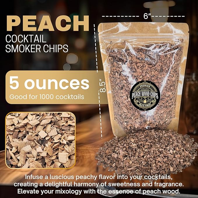 Peach Wood Chips for Cocktail Smoker; Smoked Whiskey/Bourbon/Old Fashioned Drinks - Fine Sawdust Shavings for Cocktail Smoking Guns, Smoke Box, BBQ - 5oz Gift Bag & Spoon By G&J's Finest