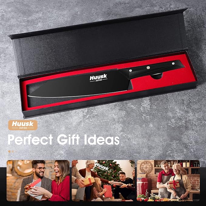 Huusk Chef Knife, Black Kitchen Knives with Sheath, Japanese Knives with Ergonomic Handle, Sharp Cooking Knife, Gifts for Men and Women