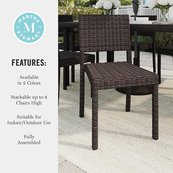 Martha Stewart Bedford Indoor-Outdoor Stackable Patio Chair with Rattan Wicker Finish in Brown