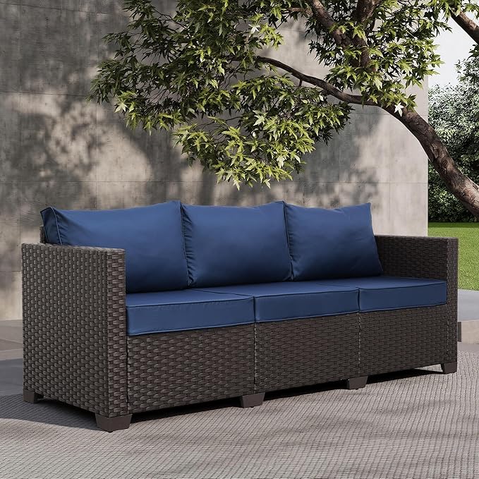 Valita Patio Furniture 3-seat Sofa Brown Wicker Outdoor Furniture Outdoor Couch Deep Seat High Backrest Waterproof Cover Anti-Slip Washable Cushions, Navy Blue