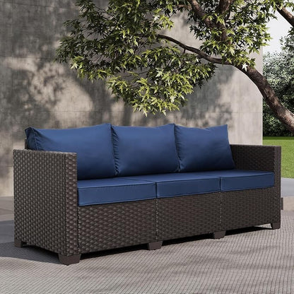 Valita Patio Furniture 3-seat Sofa Brown Wicker Outdoor Furniture Outdoor Couch Deep Seat High Backrest Waterproof Cover Anti-Slip Washable Cushions, Navy Blue
