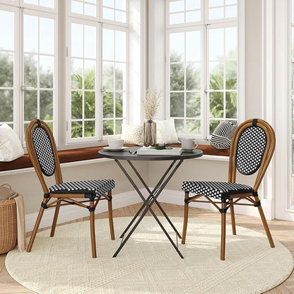 Flash Furniture Lourdes Indoor/Outdoor Commercial Thonet Bistro Stack Chair - Black/White PE Rattan Back and Seat - Natural Bamboo Print Metal Frame - 2 PK