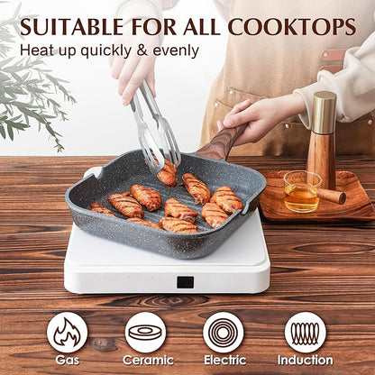SENSARTE Nonstick Grill Pan for Stove Tops, Versatile Griddle with Pour Spouts, Square Big Cooking Surface, Durable Skillet Indoor & Outdoor Grilling. PFOA Free,12Inch
