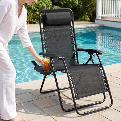 Adjustable Folding Lounge Chair, Portable Camping Chair for Adults with Headrest, Reclining Outdoor Chair with Removable Tray, Foldable Low Beach Chair for Camping, Picnic, Travel, Black