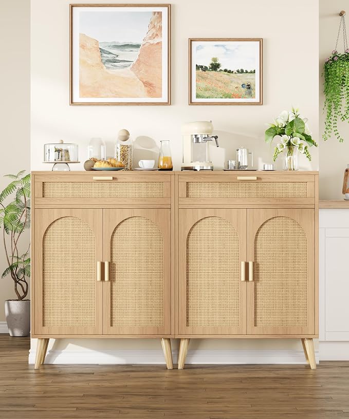 Keehusux Rattan Storage Cabinet with Drawer and 2 Doors, Natural Oak | Accent Sideboard Buffet Cabinet with Adjustable Shelf & Solid Wood Feets, Coffee Bar for Kitchen, Living Room, Entryway