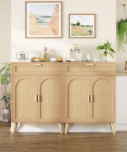 Keehusux Rattan Storage Cabinet with Drawer and 2 Doors, Natural Oak | Accent Sideboard Buffet Cabinet with Adjustable Shelf & Solid Wood Feets, Coffee Bar for Kitchen, Living Room, Entryway