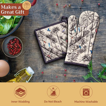 Maison d' Hermine 100% Cotton Oven Mitt & Pot Holder Set (7.5"x13" & 8"x8") | Heat Resistant BBQ Cooking Gloves with Loop Baking Grilling Kitchen Hotel Home Farmhouse Thanksgiving Christmas - Amazonia