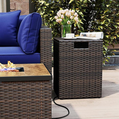 Tangkula Wicker Propane Tank Cover Table, 20 LB Gas Tank Holder Storage Box with Flip Lid & Adjustable Foot Pads, 16" Outdoor Rattan Hideaway Table for Gas Fire Pit, Grill, Griddle & Stove (Brown)